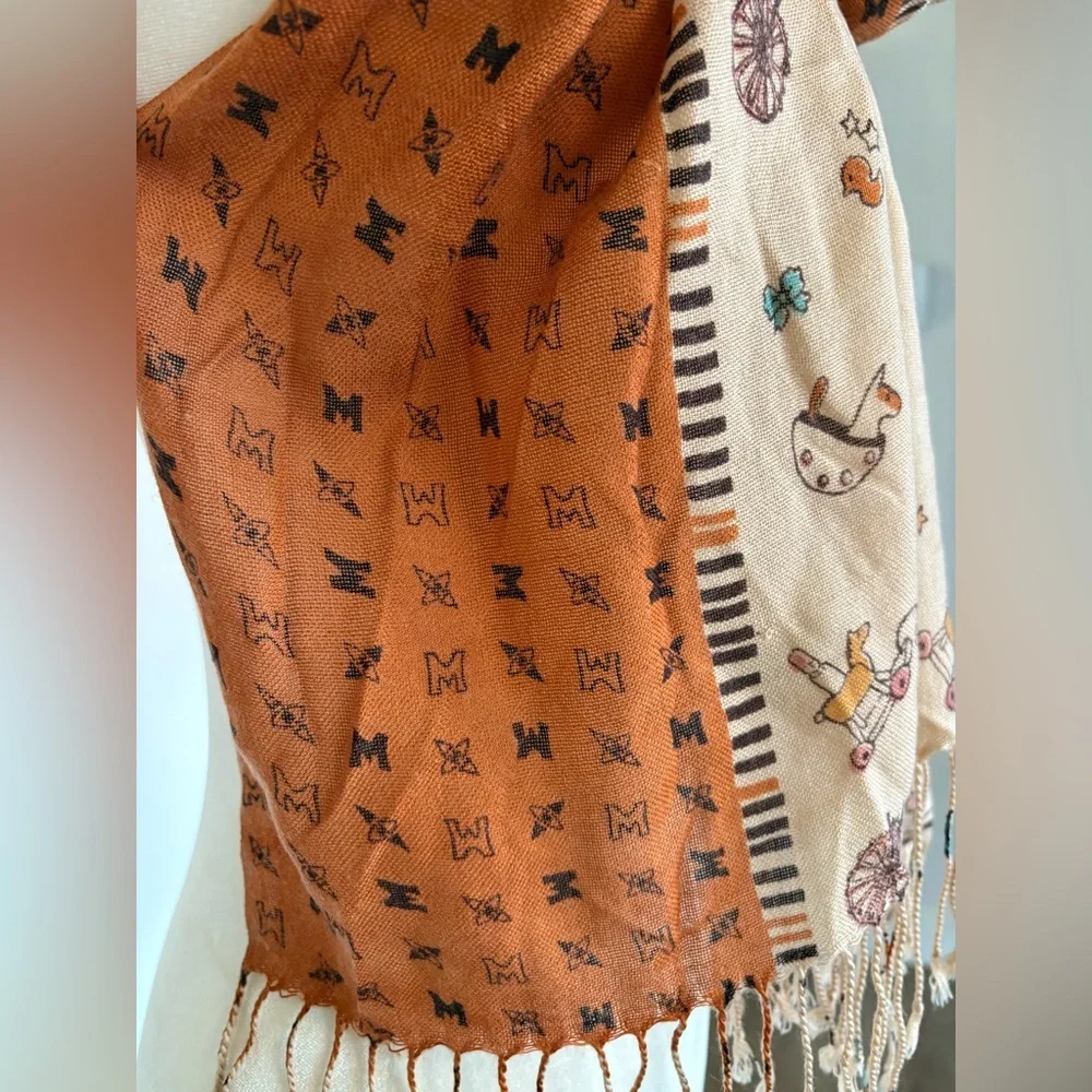 Metrocity Eclectic Patterned Scarf in Brown and Orange Tasseled One Size